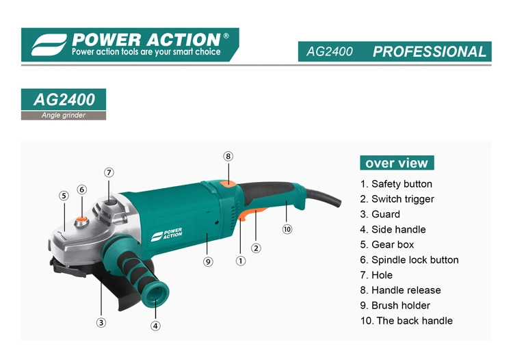 Power Action 2400W 230mm AG2400 Grinding Cutting Machine Electric Angle Grinder